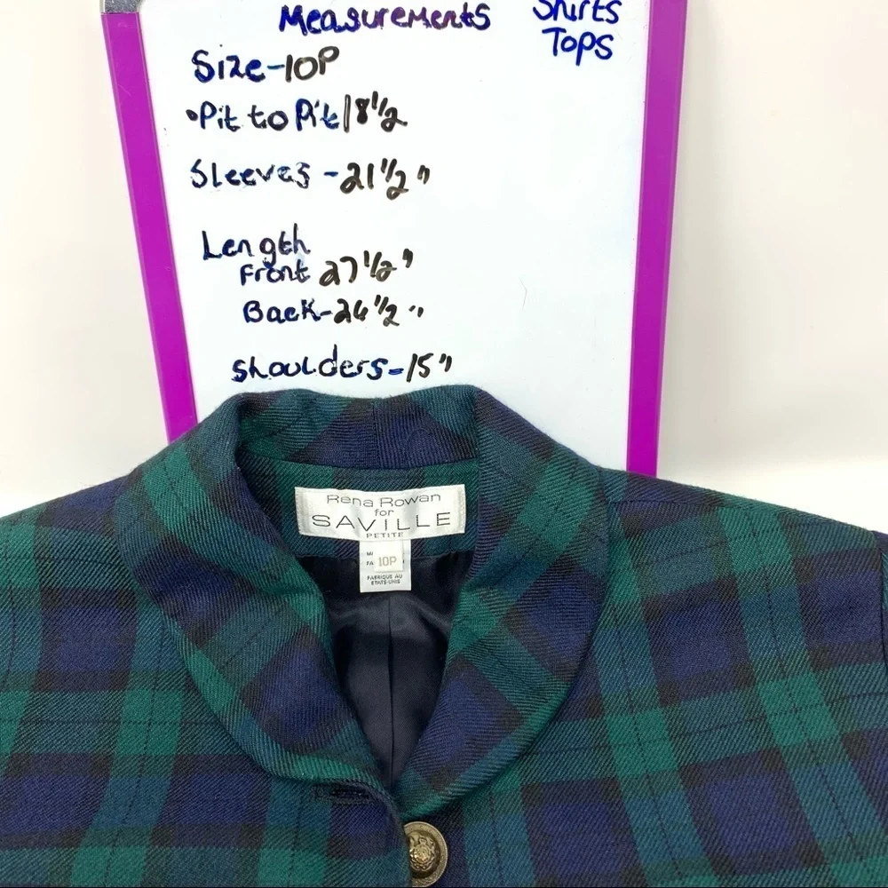 Y2K Rena Rowan Saville Wool Blend Tartan Plaid Blazer Brass Buttons Size 10P